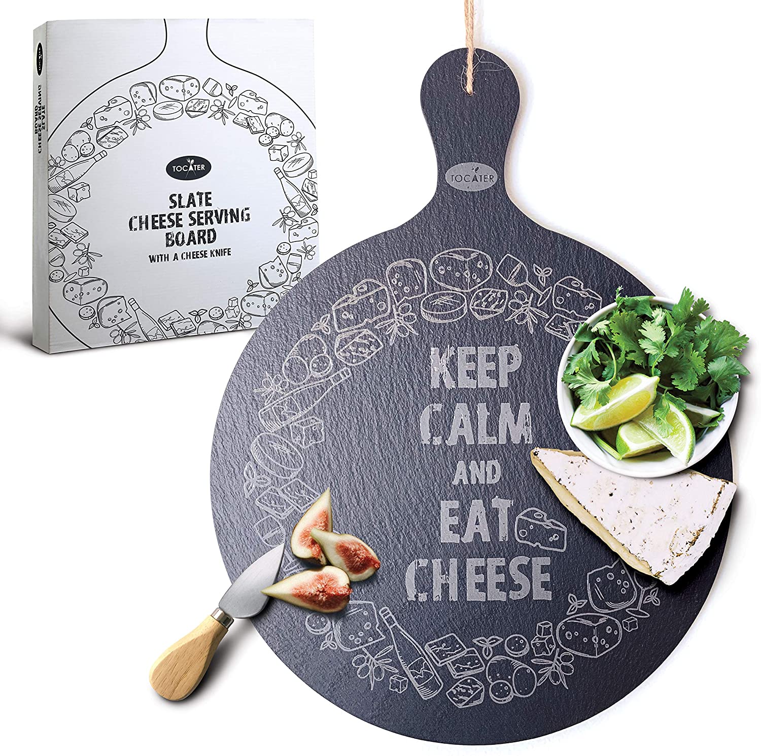 Price:$29.95 Slate Cheese Board and Knife Set Incl. a 16 x 12 Inches Round Paddle Black Kitchen Slate Plate, a Cheese Knife.: Cheese Plates