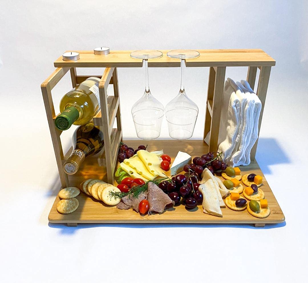 Price:$59.95 board , unique bamboo , Elegant Charcuterie and wine board with a tray,Wine glass holder,Wine and cheese Caddy for Christmas , weddings and housewarming gifts.: Home & Kitchen