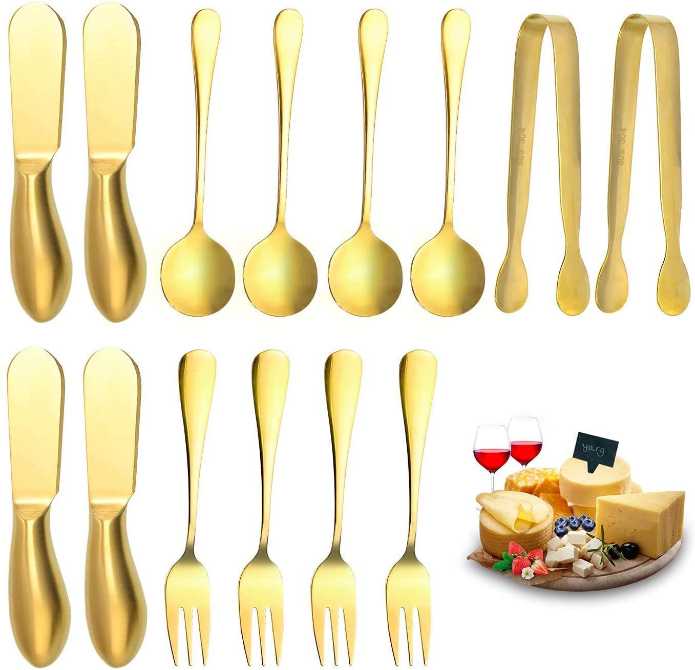 Price:$20.99 PCs Gold Cheese Spreader Knives Set, Butter Knife Spreaders for Cheese Board Accessories, Mini Cheese Knife Slicer with Serving Tongs Spoons and Fruit Forks Charcuterie Utensils - Gold…: Home & Kitchen