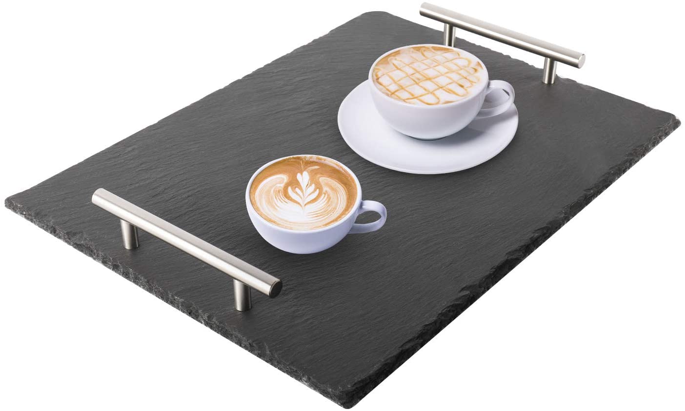 Price:$27.59 Slate Cheese Board with Handles, Black Slate Stone Serving Platter, Large Slate Serving Tray for Wine, Cheese, Meat, Vegetables: Cheese Plates