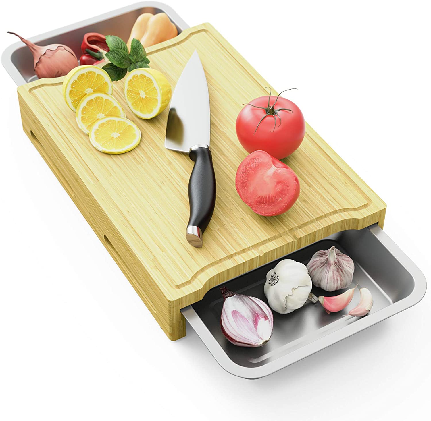 Price:$42.99 Large Cutting Board,Bamboo Cutting Serving Boards for Kitchen with Juice Groove 2 Piece Stainless Steel Tray and Non-Slip Feet for Chopping, Fruit,Cheese,Vegetables (XXL 16"x12"): Home & Kitchen