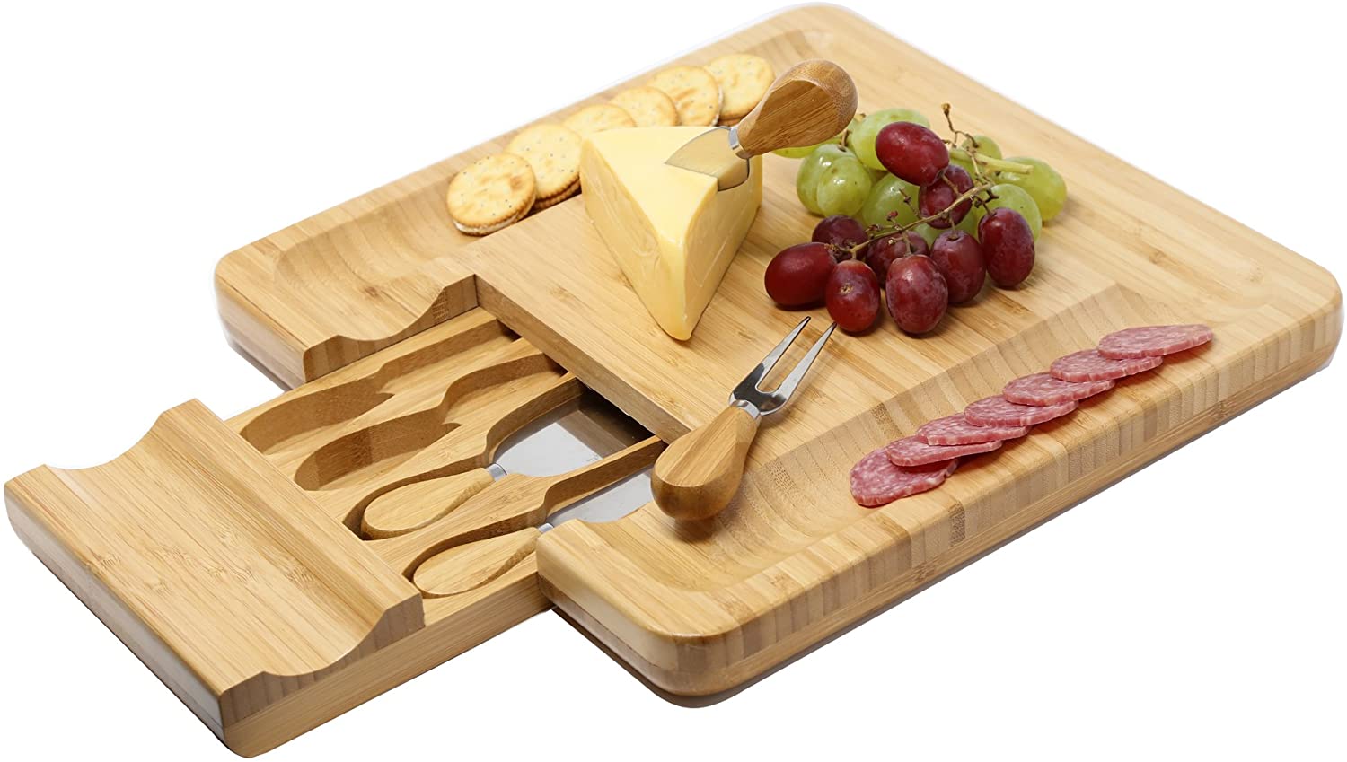 Price:$39.99 Bamboo Cheese Board Cracker Serving Cutlery charcuterie Set with Slide-Out Drawer Plate Knives kit - Large: Cheese Servers