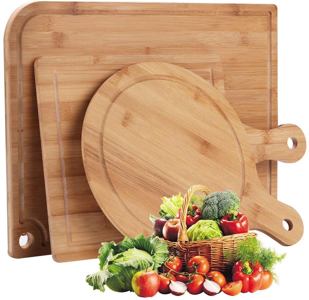 Price:$34.99 Organic Bamboo Cutting Board Set 3-Piece with Juice Groove,Meat Chopping Boards,Pizza Peel Paddle with Handle for Homemade Baking Pizza Bread Cake Fruit Vegetables: Home & Kitchen