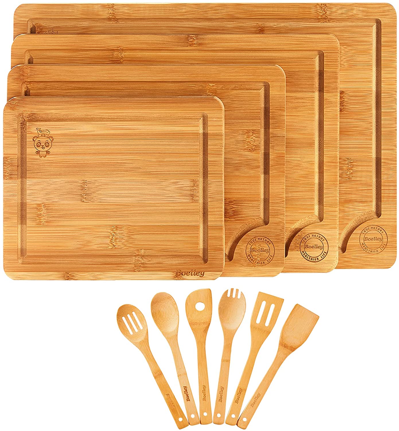 Price:$33.99 Bamboo Cutting Board set of 4 with 6 Utensils and 1 canvas bag Wood cutting boards with Juice Groove -handles -serving Tray kitchen Chopping Board for butcher block Cheese -Vegetables: Home & Kitchen