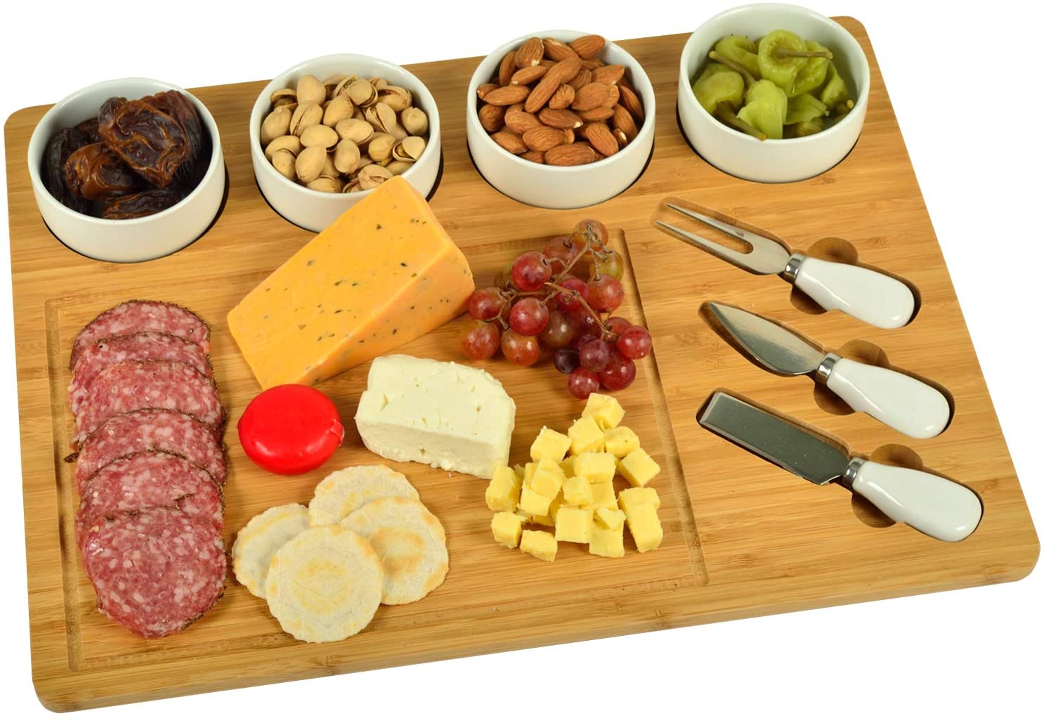Price:$49.00 at Ascot Bamboo Cutting Board for Cheese & Charcuterie with 4 Ceramic Bowls & Knife Set- Designed & Quality Checked in the USA: Cheese Plates