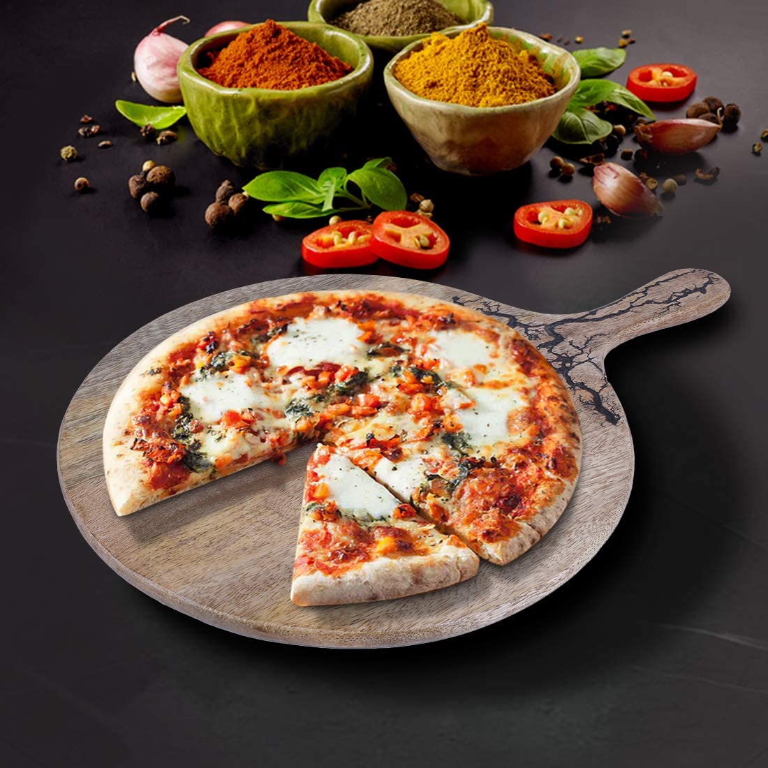 Price:$15.99 Wooden Round Pizza peel, Cheese Paddle Board, Bread and Crackers Platter for Serving, charcuterie board- 100% Natural Mango Wood-Size - 12 inch: Serving Trays