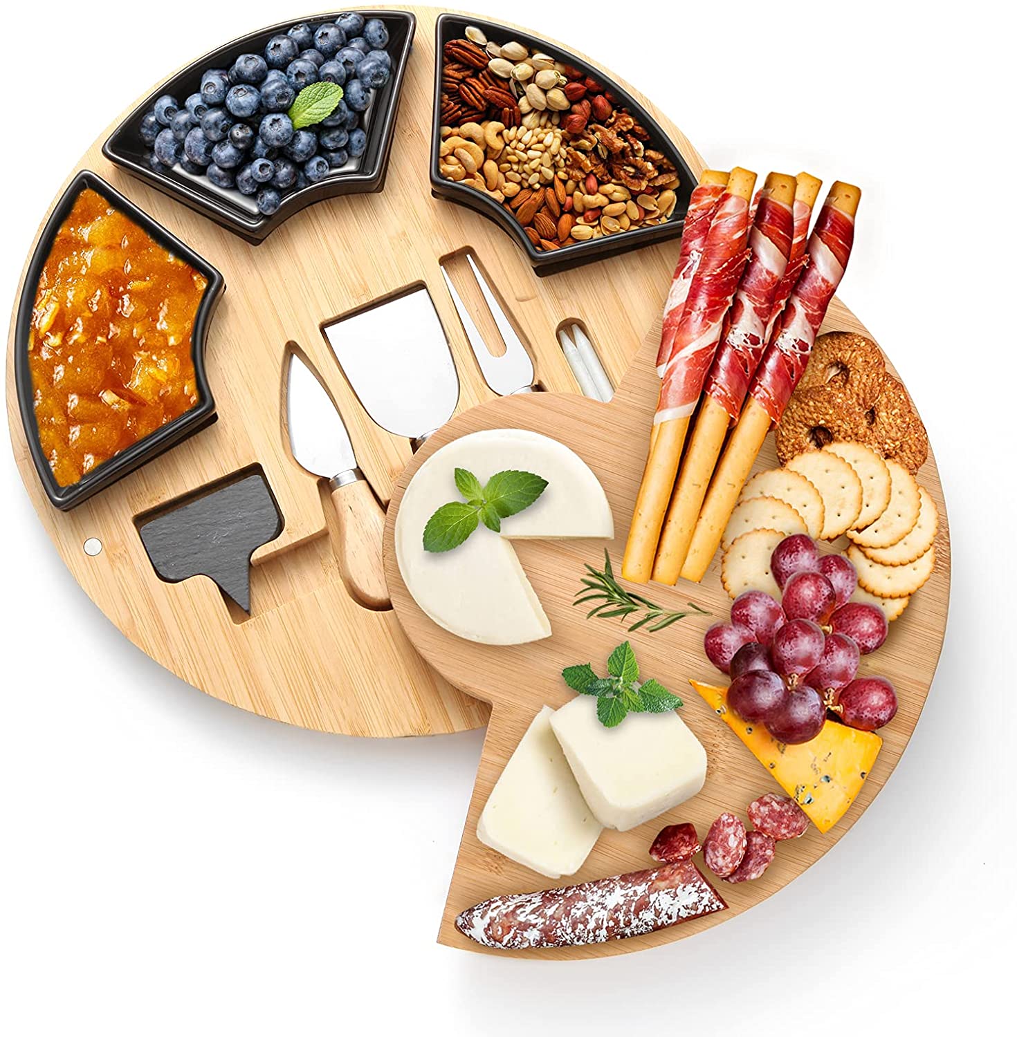 Price:$39.99 Cheese Board With Cutlery Set，Charcuterie Board Set and Cheese Serving Platter. 13 inch Meat/Cheese Cutting Board for Entertaining and Serving - 3 Knives and 3 Bowls Server Tay: Cheese Plates