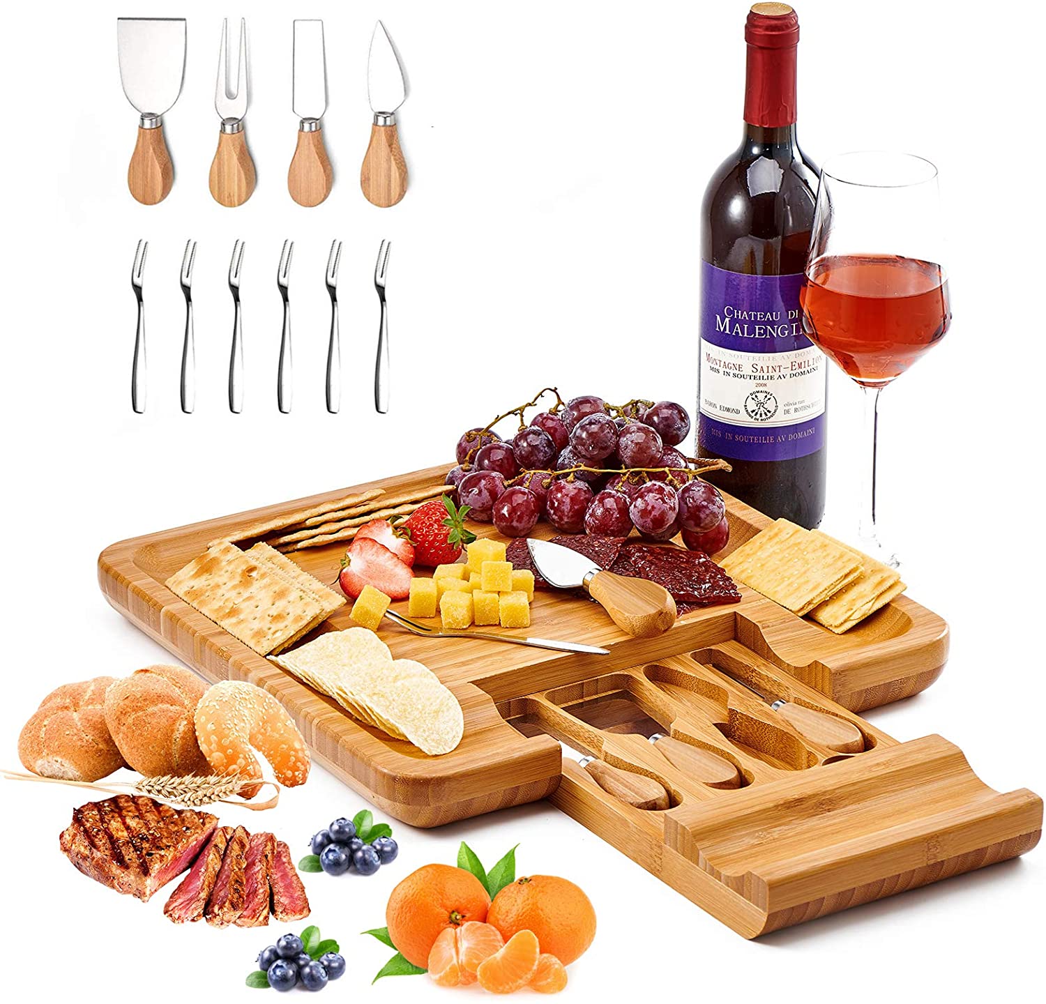 Price:$36.99 Cheese Board with Knife Set, Bamboo Charcuterie Platter Serving Tray, Large(13 x 13 x 1.4) with 4 Stainless Steel Knife Folks in Drawer, Perfect for Birthday, Housewarming & Wedding : Home & Kitchen