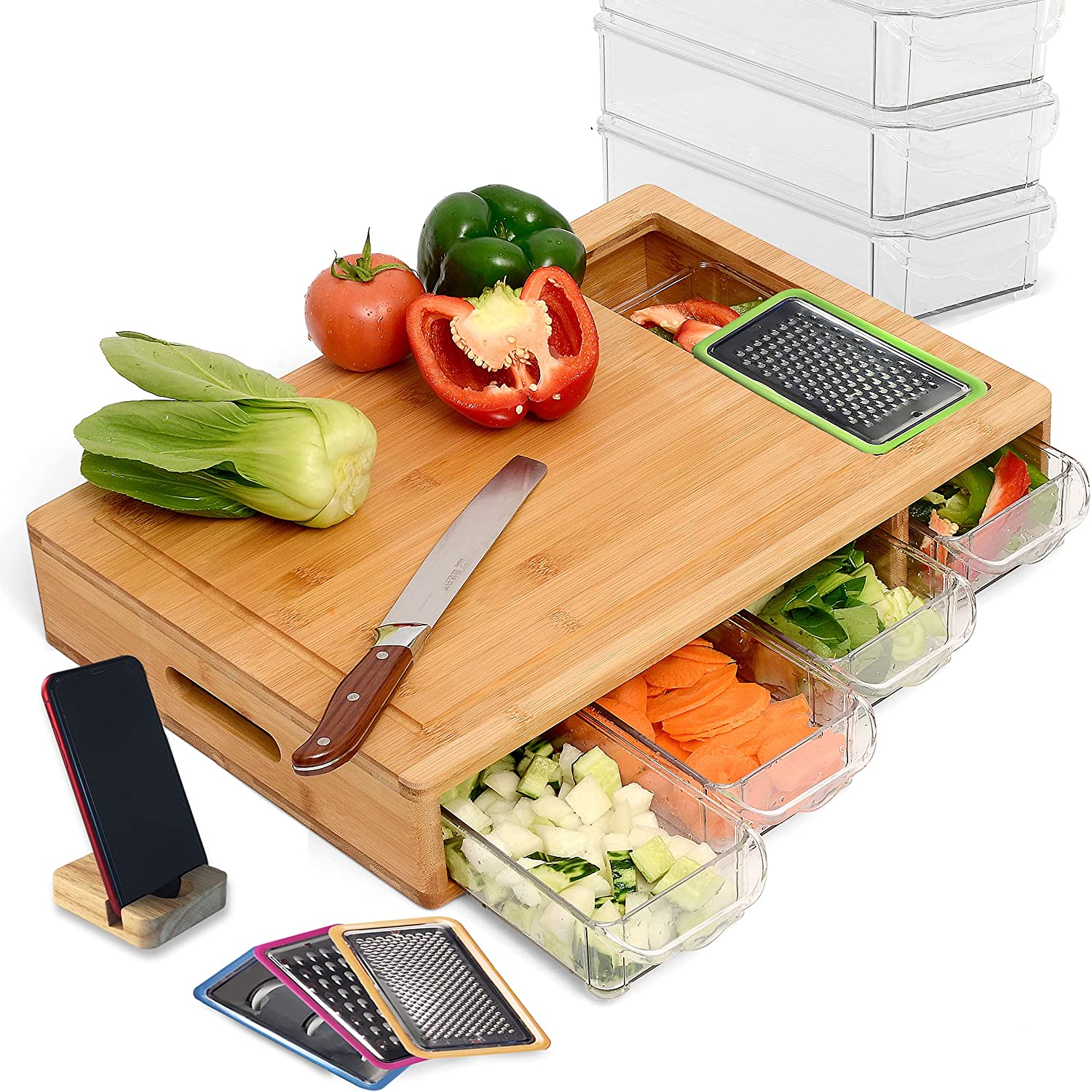 Price:$45.00 100 Percent Bamboo Cutting Board with 4 Sliding Drawer Trays and lips. Complete Set for Kitchen, Large 17.22 x 12.15 x 3.05 inches with Handles. Lightweight, Easy to Clean: Home & Kitchen