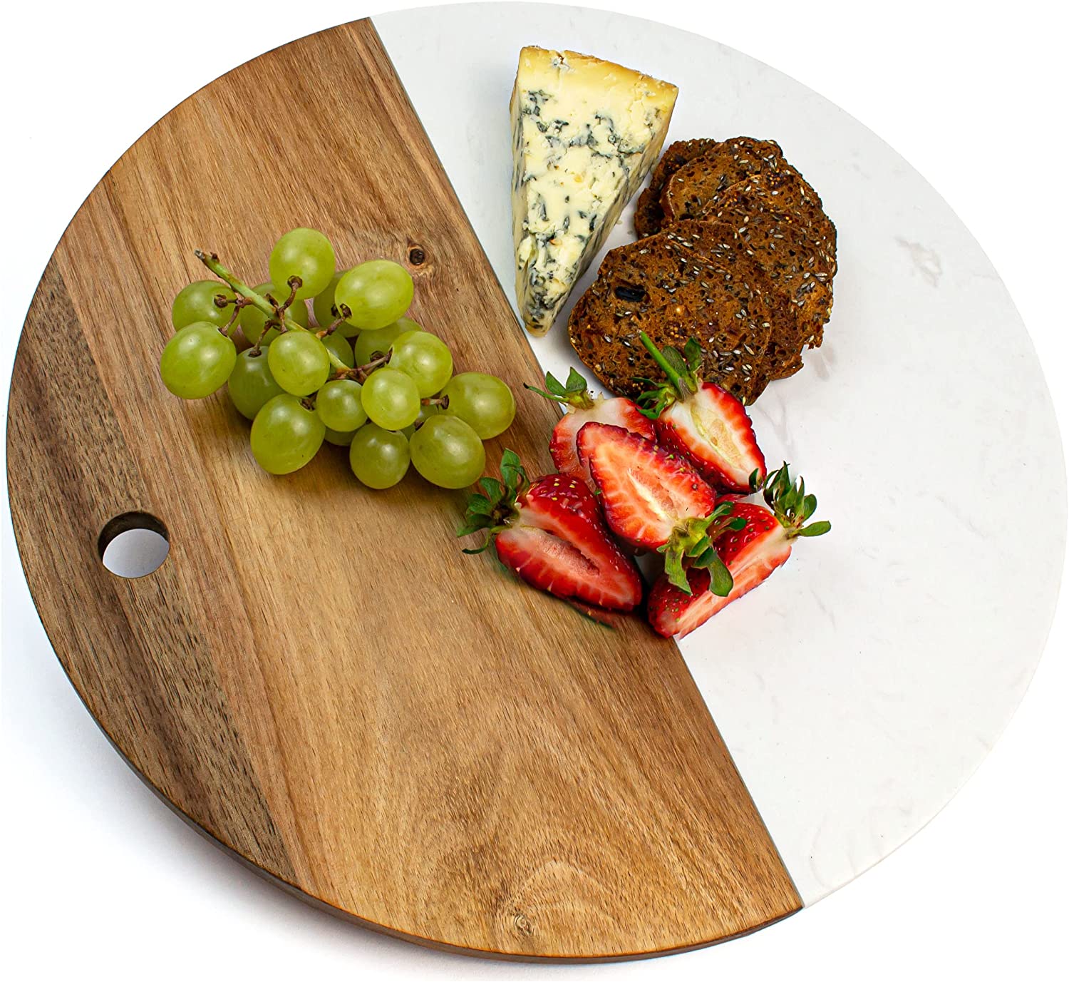 Price:$42.99 Marble and Wood Cheese Board, Large 13" Round Cheese Board for 4-6 People, Acacia Wood and Cultured Marble Charcuterie Board, White Marble Cheese Board for Serving Cheese and Meats: Home & Kitchen