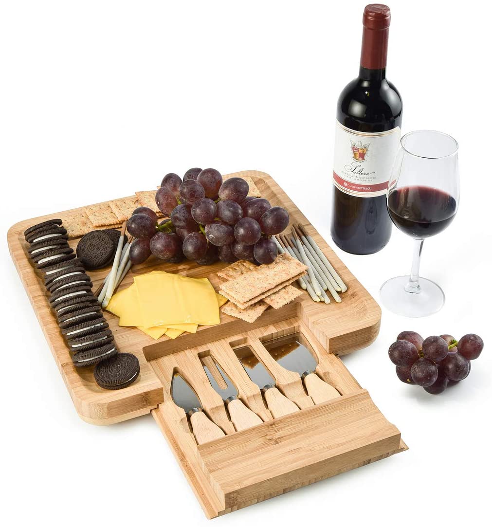 Price:$29.99 Bamboo Cheese Board and Knife Set, Wood Charcuterie Platter with Slide-Out Cutlery Drawer, 4 Stainless Steel Knives set, Best for cheese board parties, wedding, housewarming gift: Cheese Plates