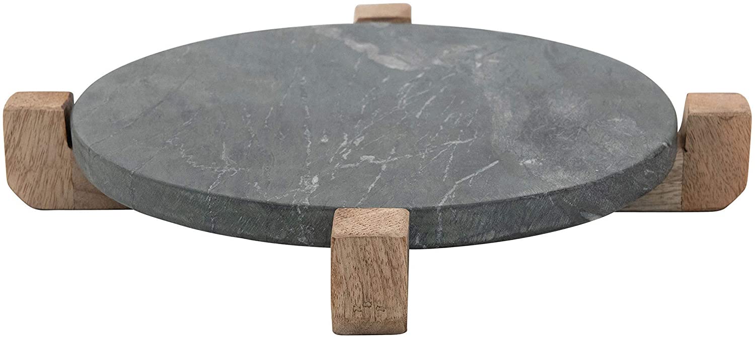 Price:$34.28 Marble Serving Board with Mango Wood Stand, Black & Natural Platter, 13", Grey: Platters
