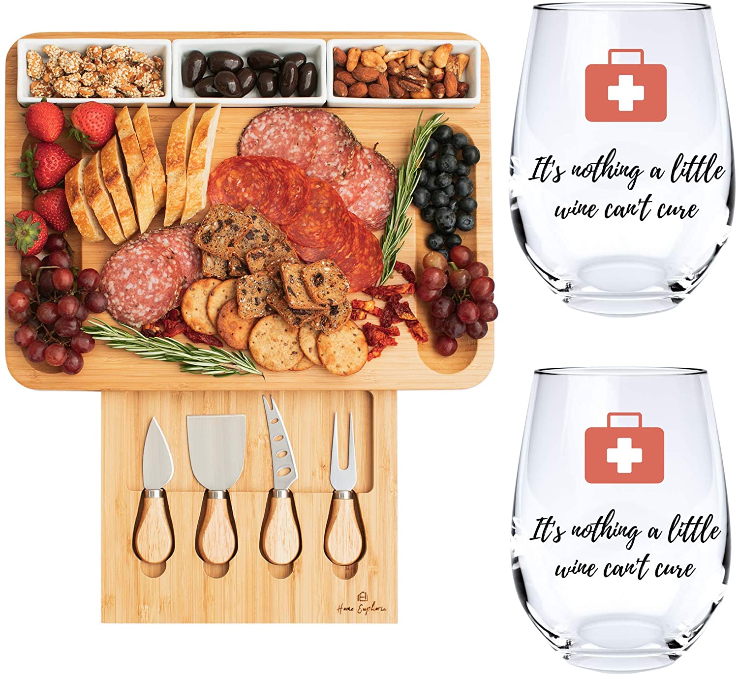 Price:$59.99 Euphoria Natural Bamboo Cheese Board and Cutlery Set with Rectangular Ceramic Ramekins & 2 A Little Wine | Stemless Funny Wine Glass | Cute Wine Glass for Women or Men: Cheese Plates
