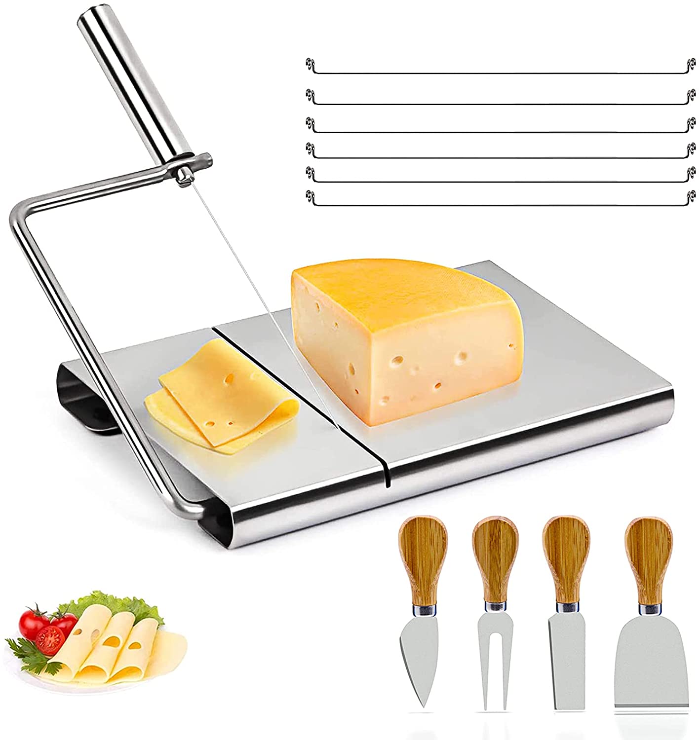 Price:$23.99 Cheese Slicer with Cheese Knives Set, Stainless Steel Cheese Cutter with 6 Replaceable Cheese Slicer Wires for Cheese Butter: Home & Kitchen