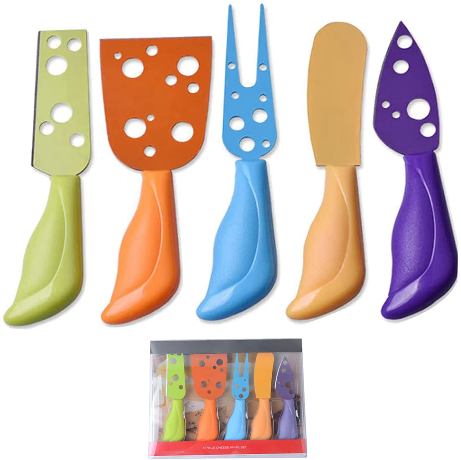 Price:$13.68 Cheese Knife Set 5 Pcs, Stainless Steel Cheese Knife Fork Spreader with Colorful Handles, Accessory for Deli Platter and Cheese Board : Home & Kitchen