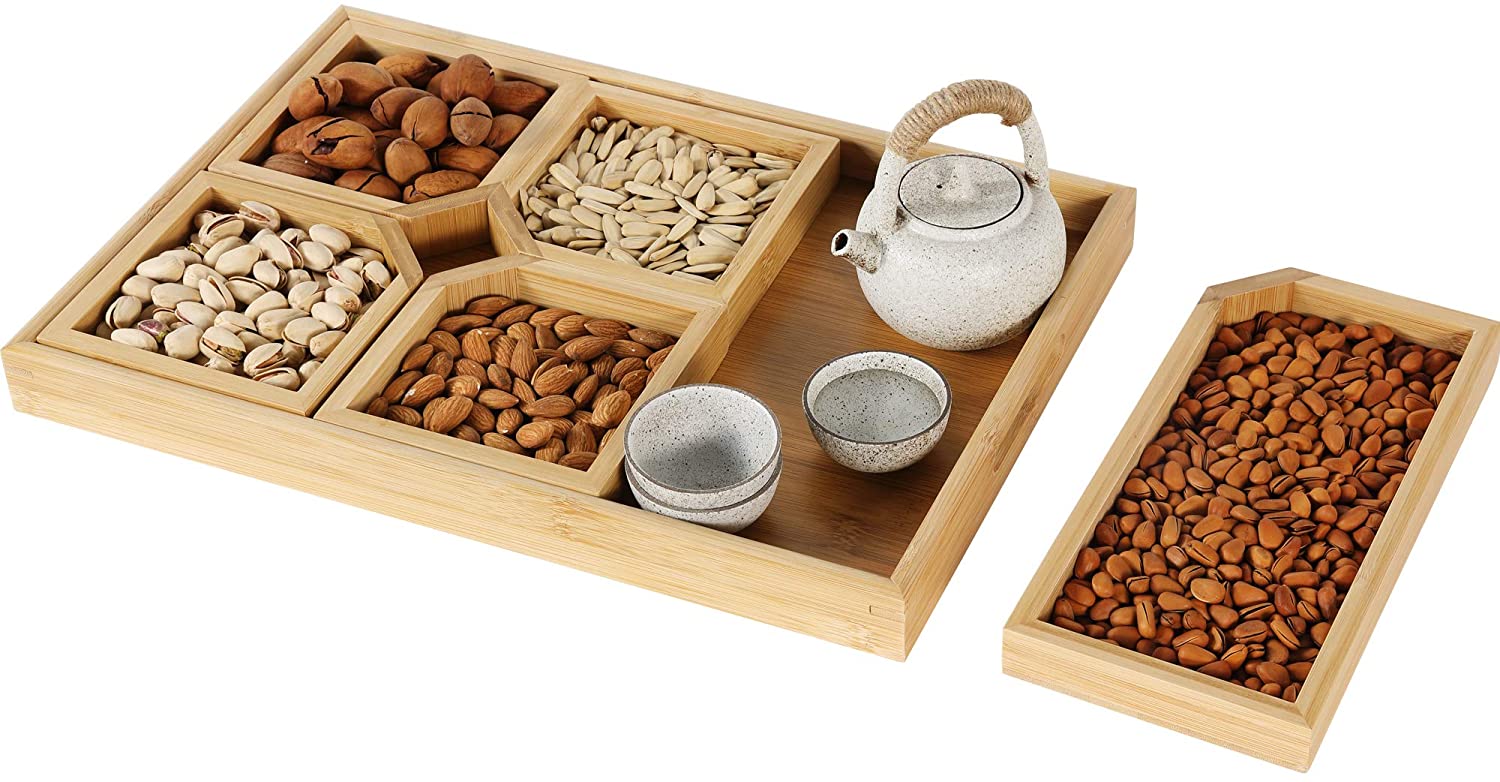 Price:$29.99 Bamboo Cheese Board, Snack Serving Plate with 5 Plates, Nuts Serving Tray for Party, Housewarming : Home & Kitchen