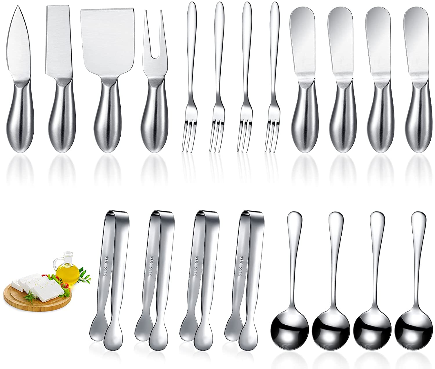 Price:$28.99 Knife Set Cheese Butter Knife Cheese Slicer Knife Stainless Steel Blade with Handles Mini Serving Tongs Spoons and Forks for Birthday Wedding Christmas (20, Silver): Home & Kitchen