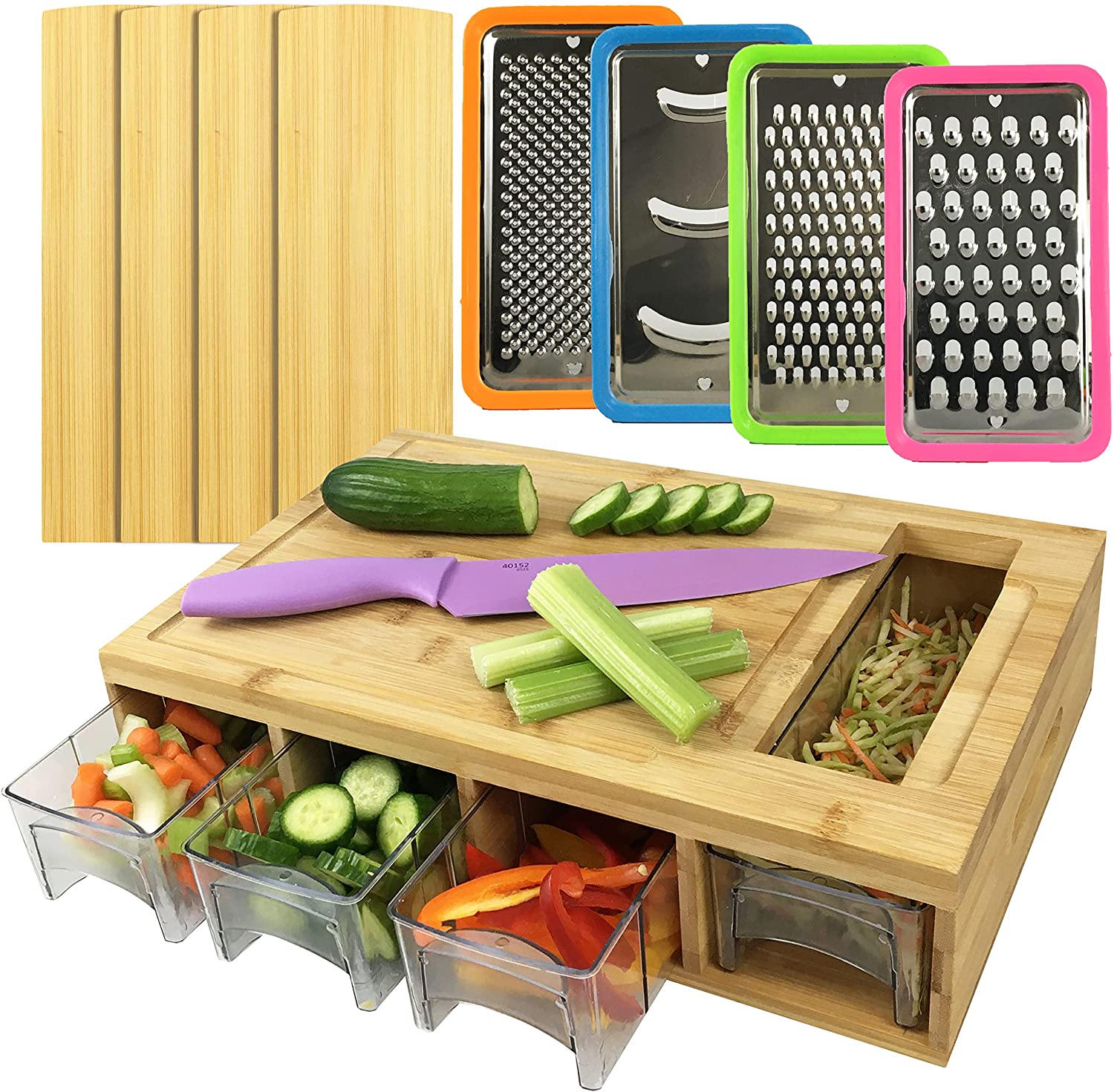 Price:$45.00 Bamboo Cutting Board with Trays and Lids Storage Containers – Multifunction Easy Chopping Meal Prep Station with Juice Grooves – 4 Multi-Functional Graters Included with Food Sliding Opening: Home & Kitchen
