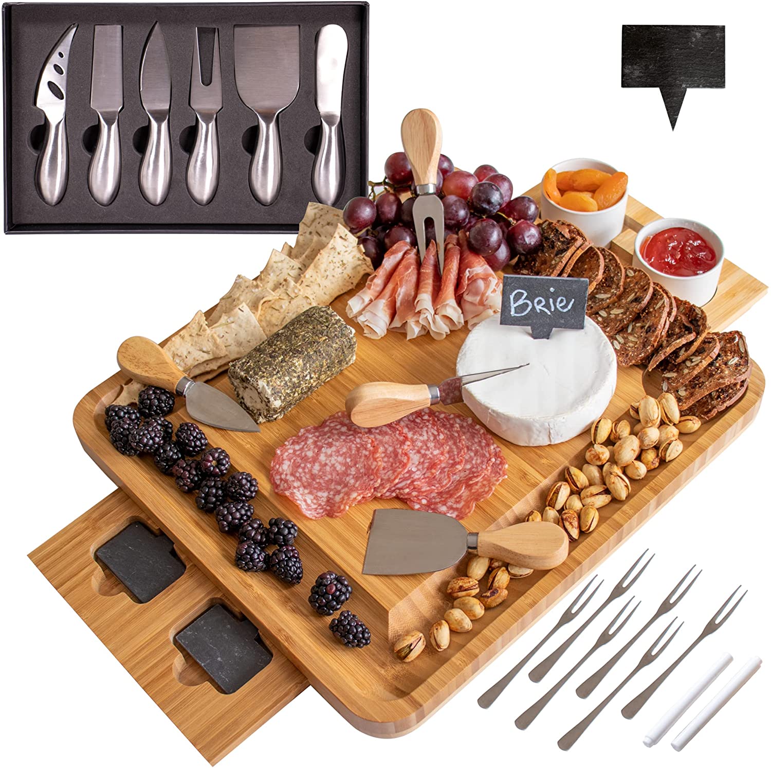 Price:$66.90 Complete Cheese Board Set & Premium Cheese Knife Gift Sets: 14.5 x 13 x 2 Inch Charcuterie Board for Wine, Cheese, Meat 6 Appetizer Forks, 6 Slate Labels, 10 Cheese Knives & 2 Ceramic Bowls, 27Pc: Cheese Plates