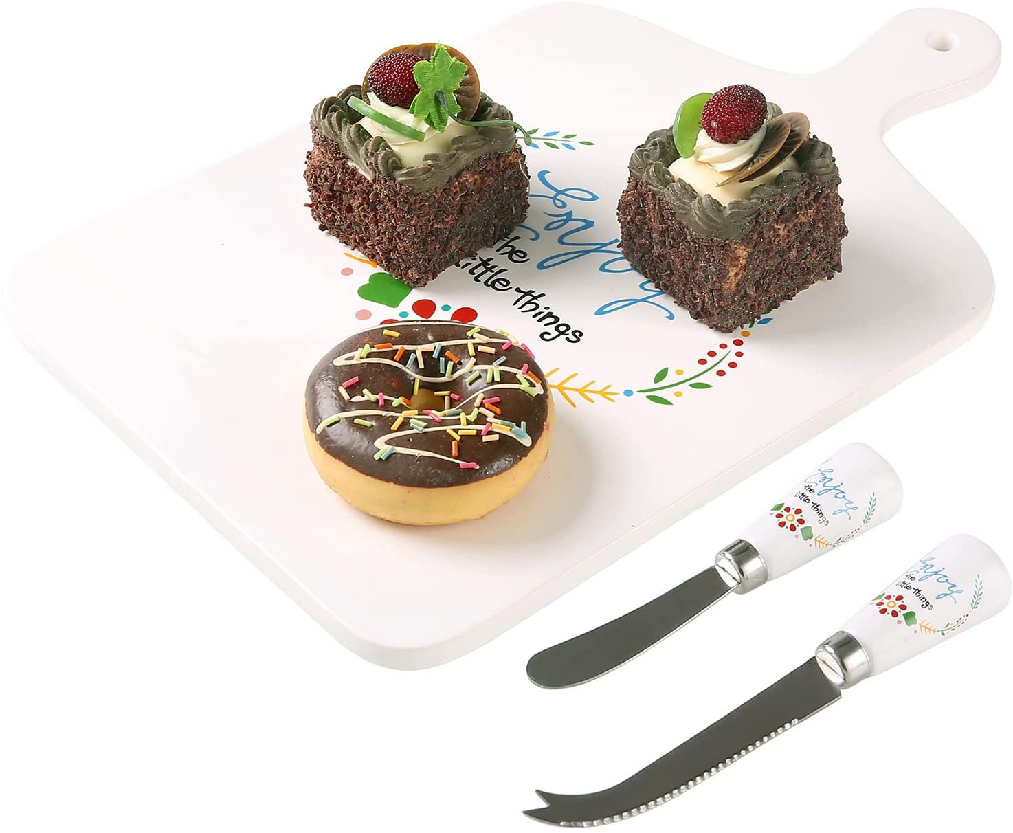 Price:$24.99 Floral Cheese Serving Platter White Ceramic Cutting Board Tray with Cheese Knife and Spreader: Cheese Plates