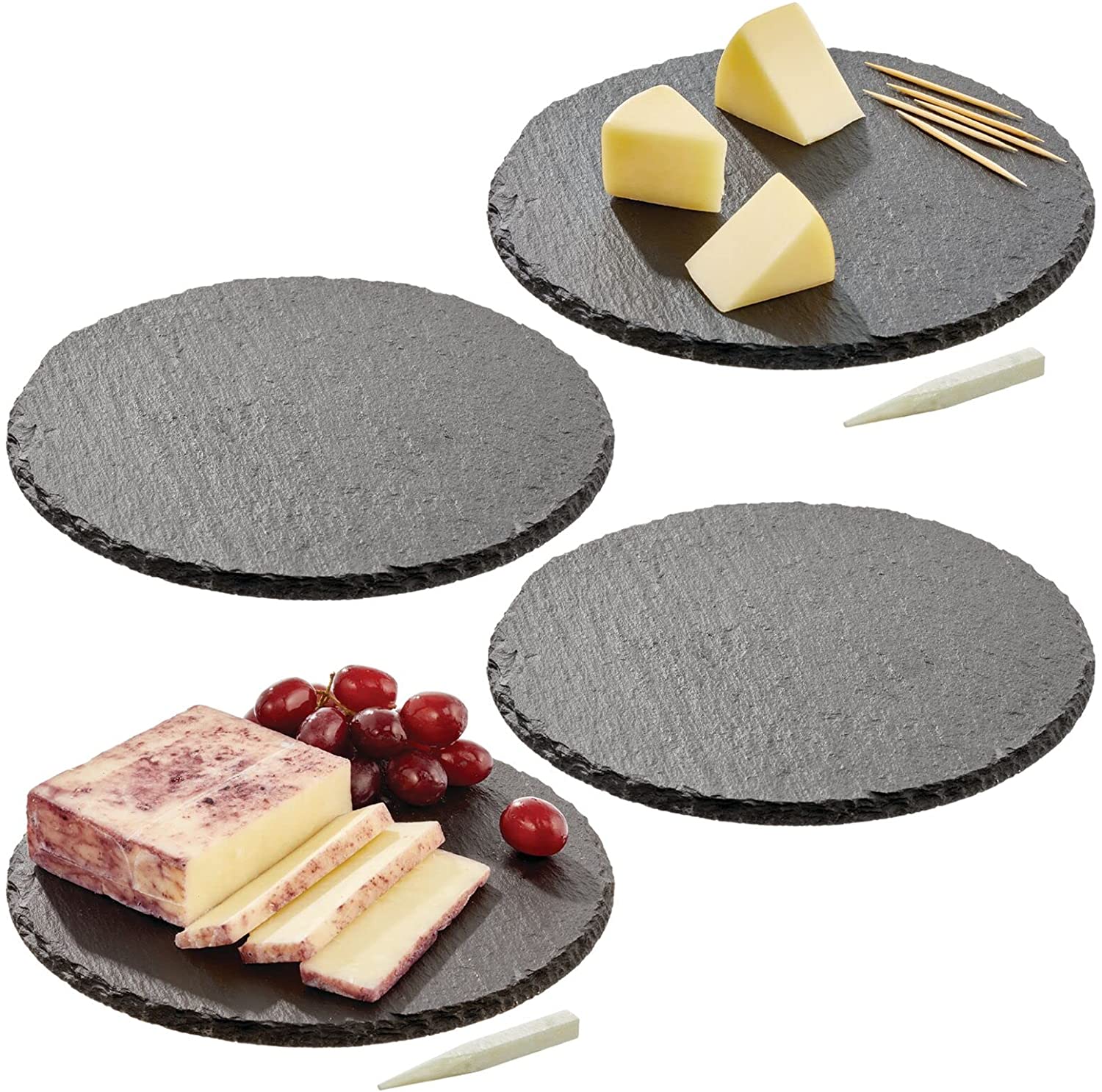 Price:$32.99 Slate Stone Round Gourmet Chalkboard Serving Platter, Cheese Board, Charcuterie Tray with Natural Edge and Chalk Pencils for Cheese, Meats, Appetizers, Dried Fruits, and Food - 4 Pack - Black: Cheese Plates