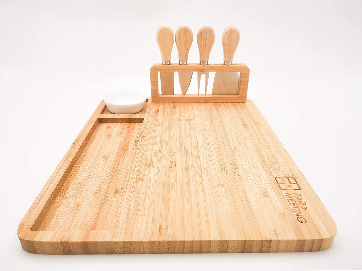 Price:$35.99 Cheese Board and Knife Set Bamboo Cheese Charcuterie Board Set Cheese Plates with 4 Cheese Knifes 1 Ceramic Bowl (14 X 11 inches): Cheese Plates