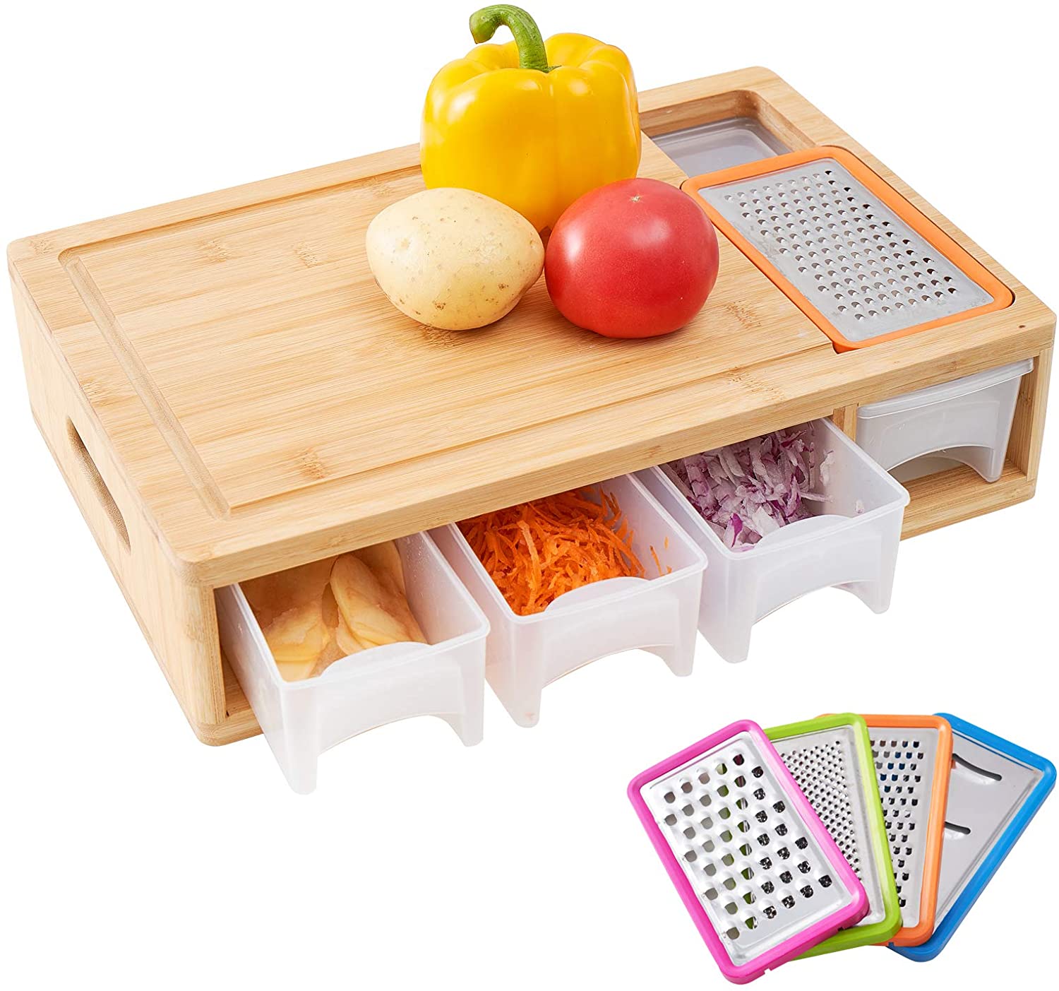 Price:$45.85 Bamboo Cutting Board with Trays, Lids and Graters- Wood Chopping Board with Containers, Food Dropping Zone and Vegetable Tray with Lid- Carving Board with Compartments, Handle, Juice Groove: Home & Kitchen