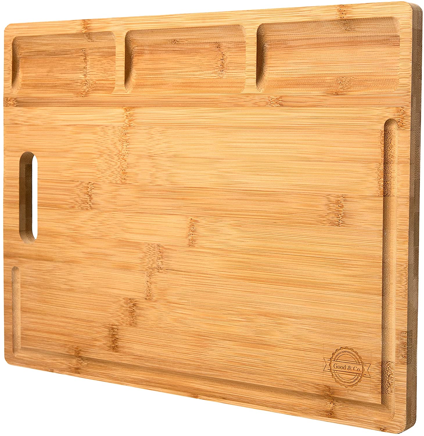 Price:$23.95 Organic Bamboo Cutting Board - Wooden Charcuterie Cheese Serving Platter For Kitchen - With Deep Drip Edge & Garnish Bowls - Boards Are BPA Free,16x12” - Unique Housewarming Gift Idea - Good&Co.: Home & Kitchen