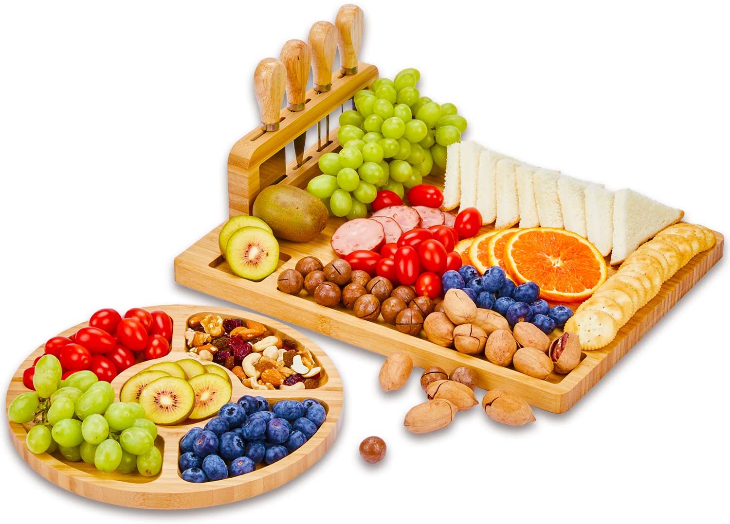 Price:$39.99 Board Set Large Bamboo Plates with Round Fruit Tray, Cheese Board and Knife Set Christmas Serving Platters and Trays with 4 Stainless Steel Knife for Housewarming Wedding Birthdays: Cheese Plates