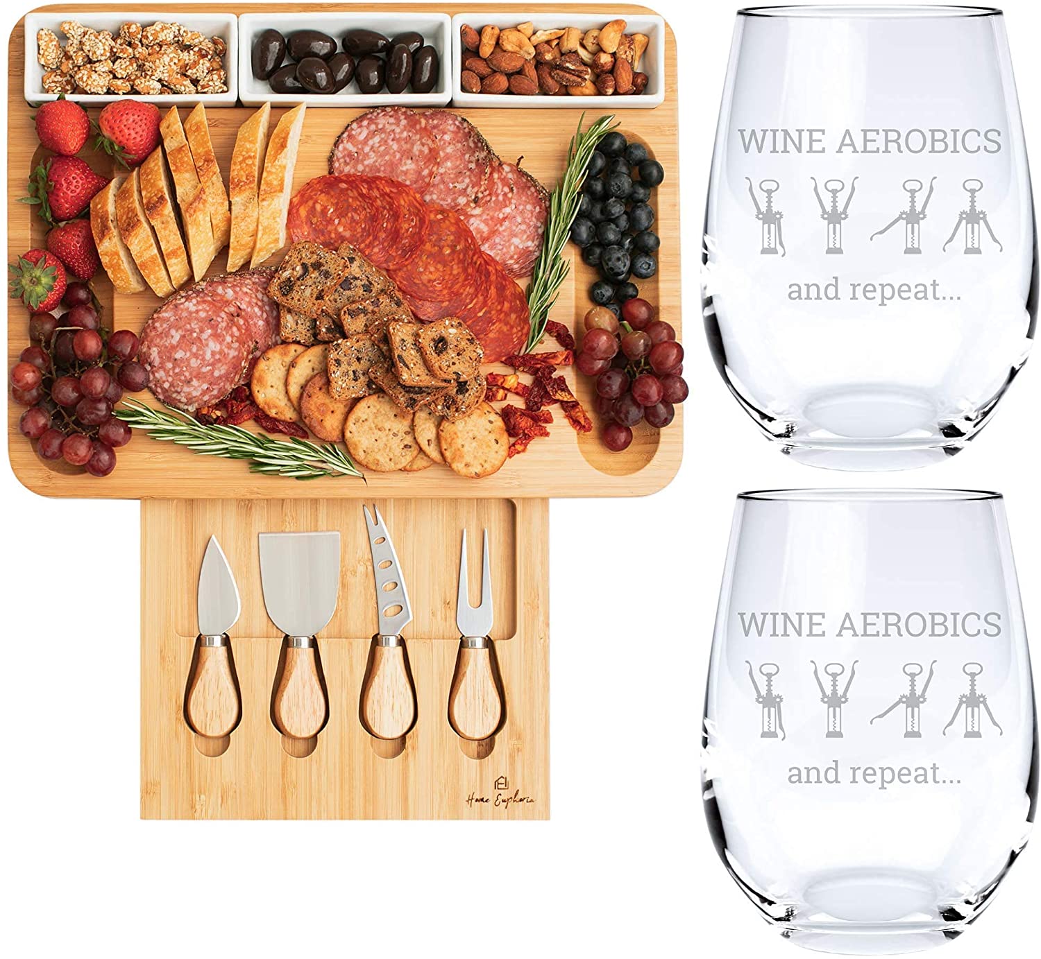 Price:$59.99 Euphoria Natural Bamboo Cheese Board and Cutlery Set with Rectangular Ceramic Ramekins & 2 Wine Aerobics | Funny Wine Glass | Stemless Wine Goblet | Perfect Wine Accessory: Cheese Plates