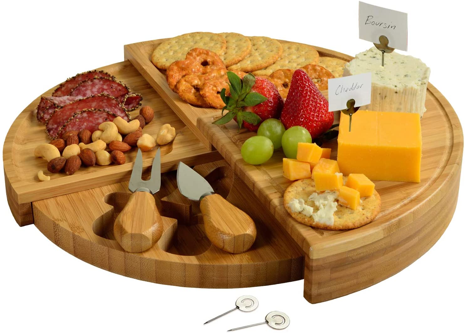 Price:$42.00 at Ascot Bamboo Cheese/Charcuterie Board with Knives & Cheese Markers- Innovative Patented Design enables All in One Storage: Cheese Plates