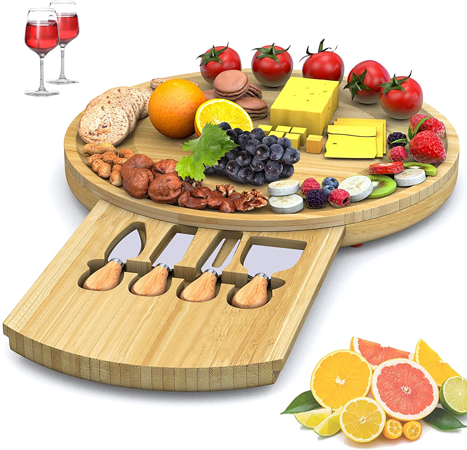 Price:$55.99 Board and Knife Set, Bamboo cheese Boards, Charcuterie Platter and Serving Tray for Wine,Large Extra Meat Charcuttery Platter Serving Tray for Housewarming (Round shape): Platters