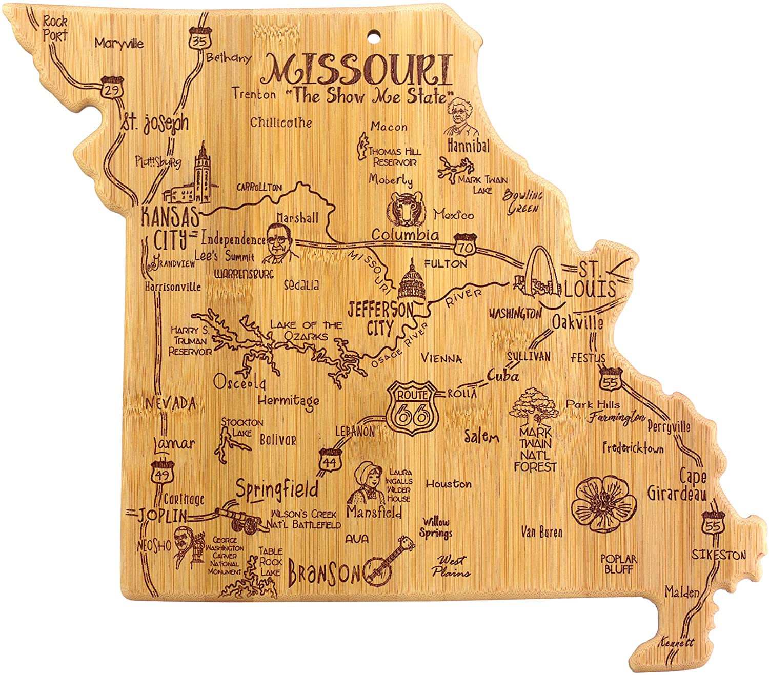 Price:$29.99 Bamboo Destination Missouri State Shaped Serving and Cutting Board, Includes Hang Tie for Wall Display: Home & Kitchen