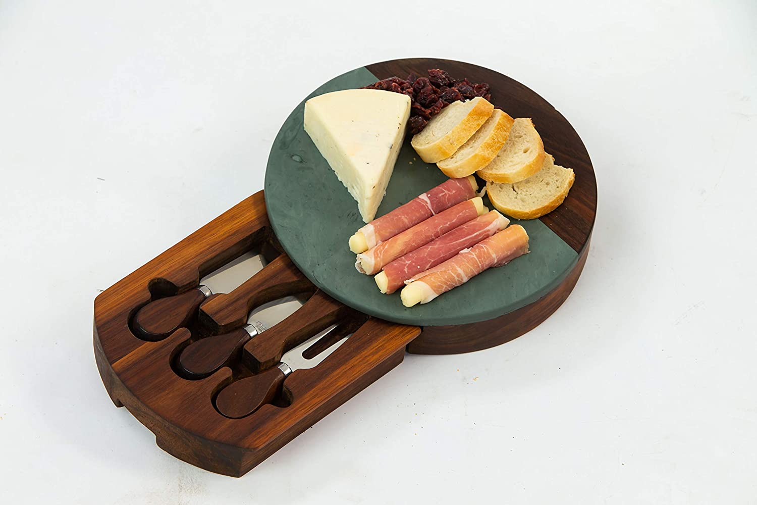 Price:$50.99 Marble and Acacia Wood Cheese Board Set with 3 Cheese Tools by Picnic Plus (Green Marble): Home & Kitchen