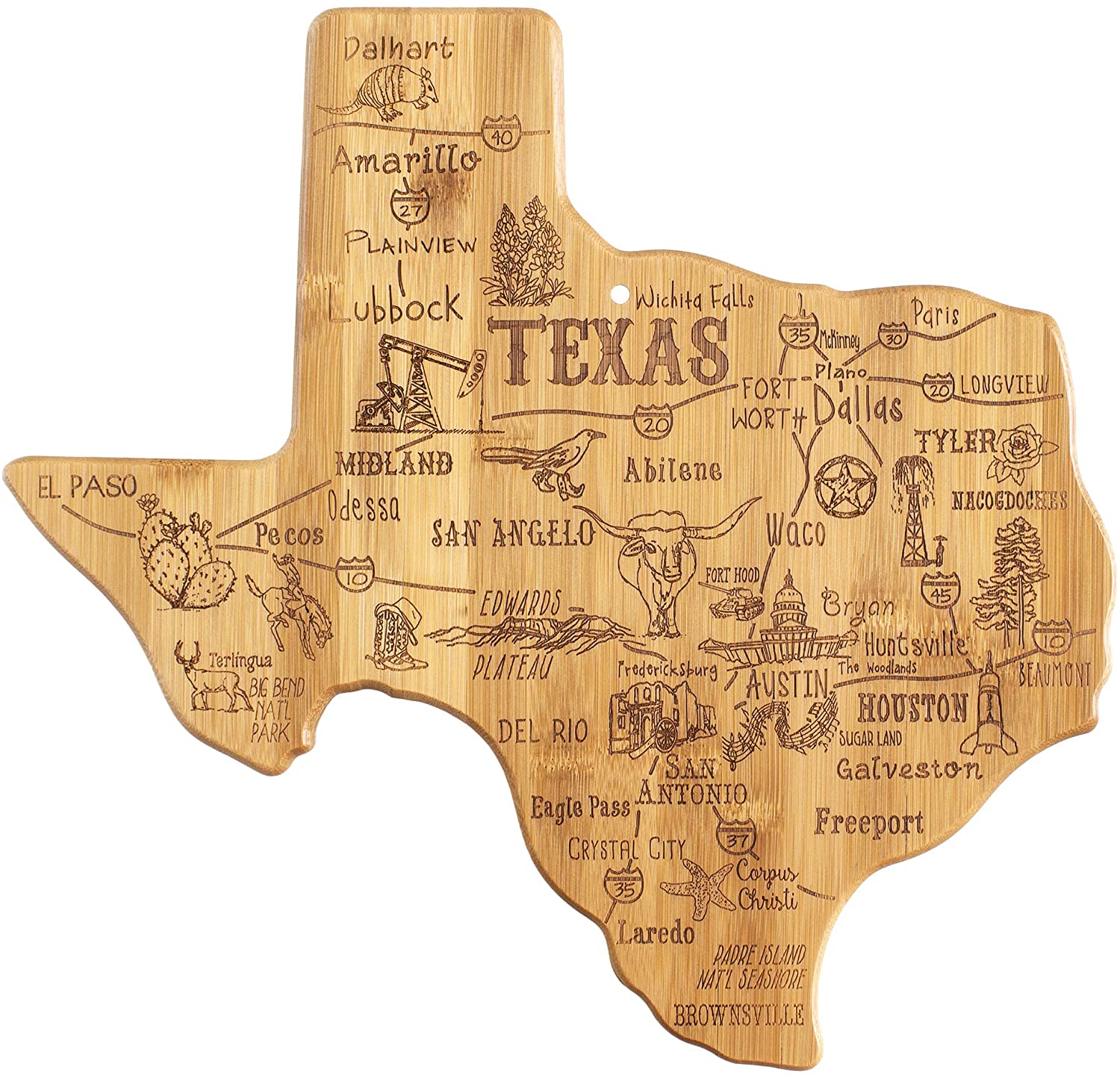 Price:$29.99 Bamboo Destination Texas State Shaped Serving and Cutting Board, Includes Hang Tie for Wall Display: Home & Kitchen