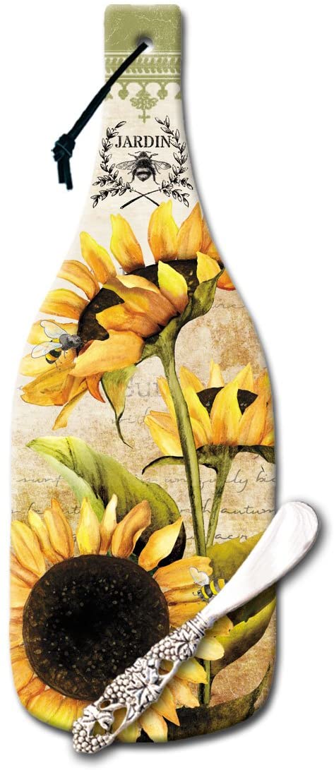 Price:$32.97 Wine Bottle Shaped Sunflowers in Bloom Glass Cheese Board with Spreader Knife, 12-1/2-Inch: Home & Kitchen