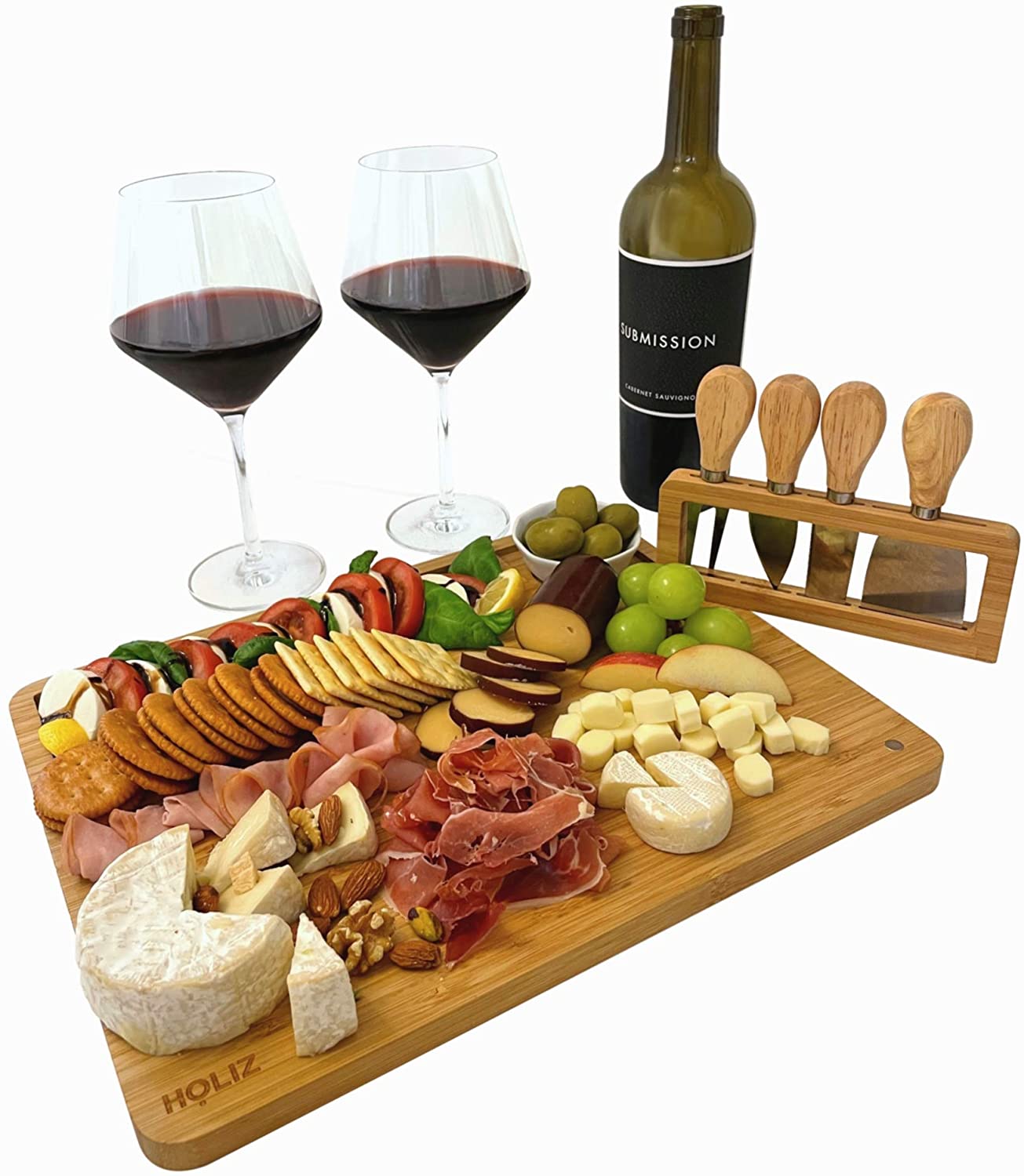 Price:$32.99 Bamboo Cheese Board Set with 4 Knives Set and A Serving Bow - Cheese Knives for Charcuterie Board - Wood Cheese Board - Housewarming Gifts, Meat and Cheese Board: Cheese Plates