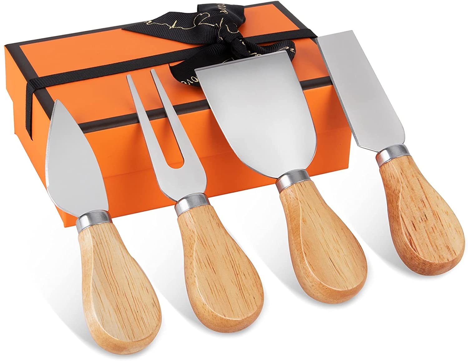 Price:$14.99 Cheese Knife Set, 4 Piece Stainless Steel Cheese Knives with Wood Handles for Charcuterie Board Cheese Slicer Cutter Spreader Fork, Perfect Useful Gift with Adorable Box: Home & Kitchen