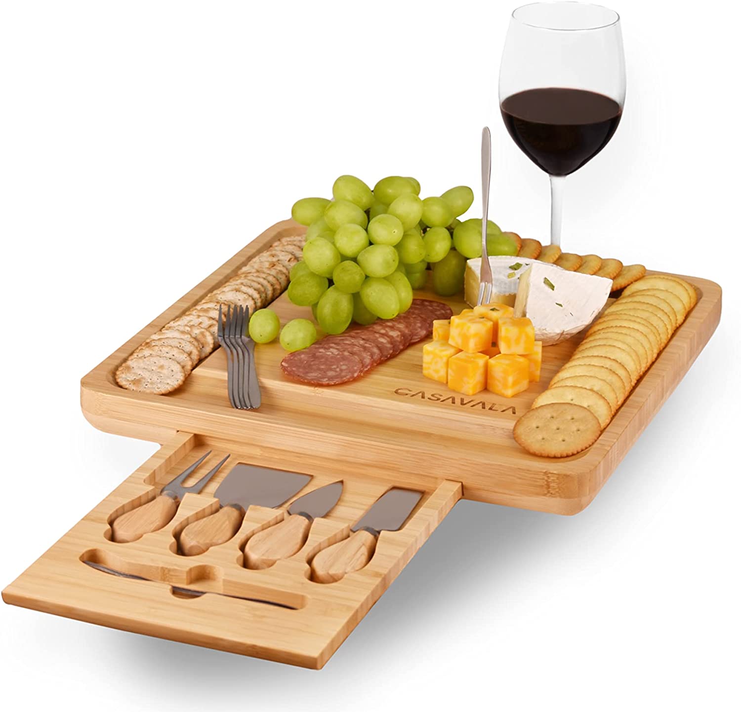 Price:$40.99 Bamboo Charcuterie & Cheese Board Set - Includes 4 Cheese Knives & 10 Cheese Forks- Complete Bamboo Cheese, Fruit, Cured Meat Serving Platter With Drawer- Ideal For Parties & Events: Cheese Servers