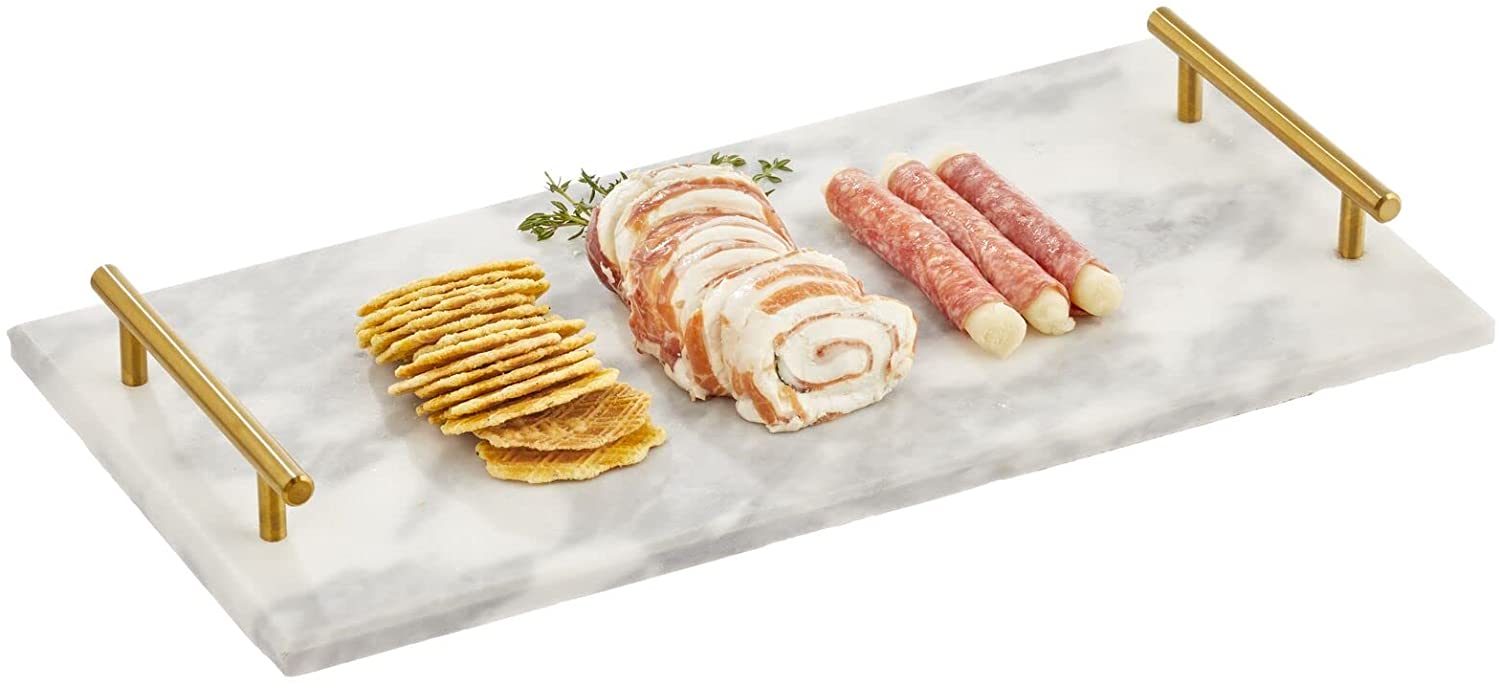 Price:$31.99 Thin Marble Pastry Board, Cutting Slab Kitchen Serving Tray with Deco Handles for Baking, Chopping, and Rolling - Serve Bread, Candy, Chocolate, Cheese, and Appetizers - Marble/Soft Brass: Home & Kitchen
