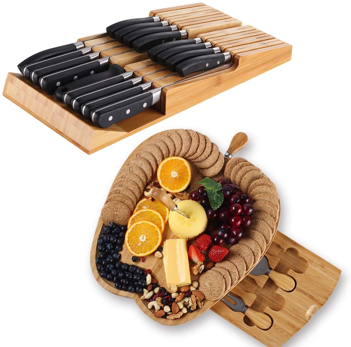 Price:$60.89 Knife Block with Detachable Knife Slots, Bamboo Cheese Board and Knives Set: Home & Kitchen