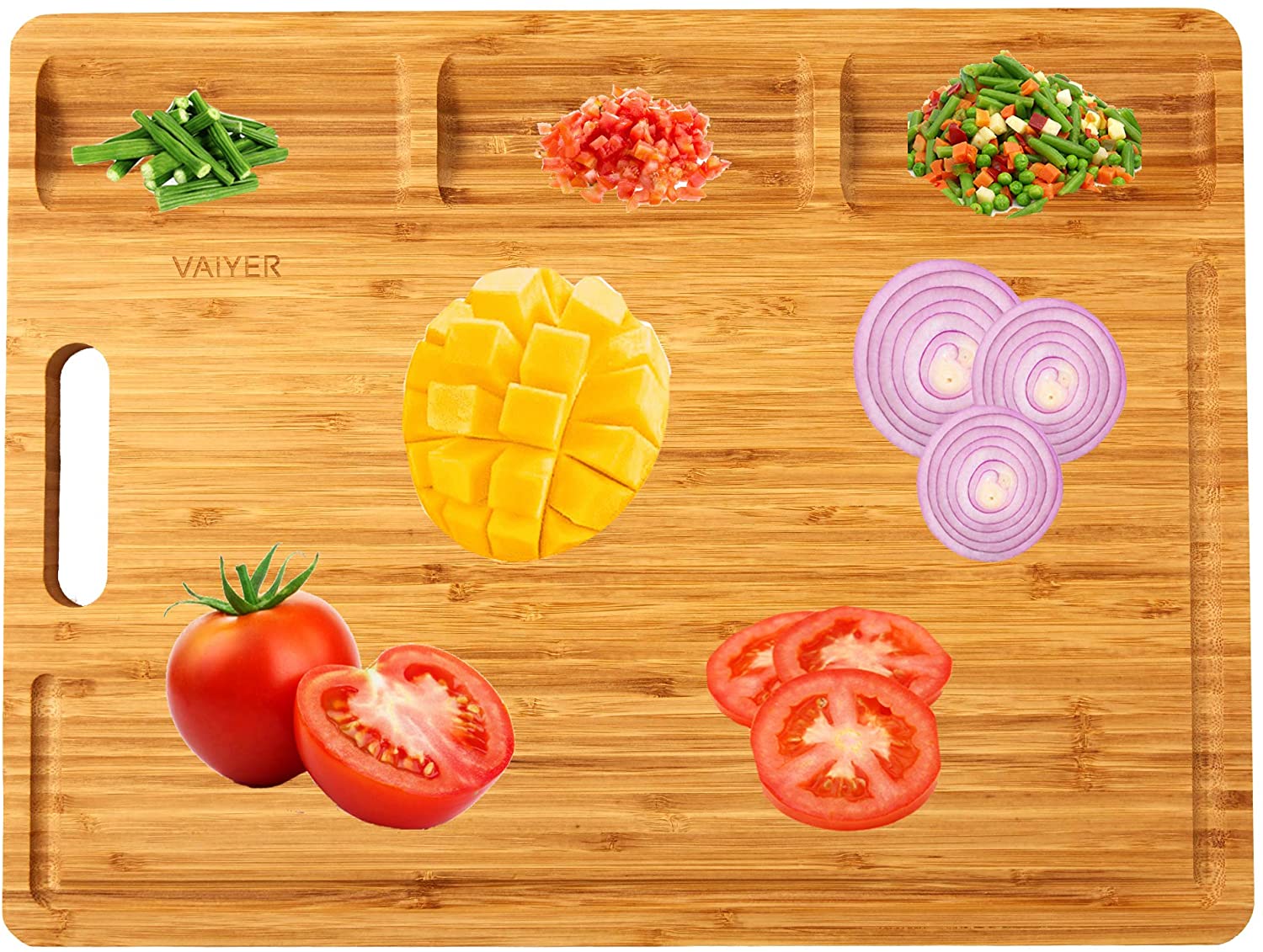 Price:$19.99 Bamboo Wood Cutting Board For Kitchen, With 3 Built-in Compartments And Juice Grooves, Butcher Block, Heavy Duty Cutting Board for Chickens, Meat, Fruits, Vegetables, Bread : Everything Else