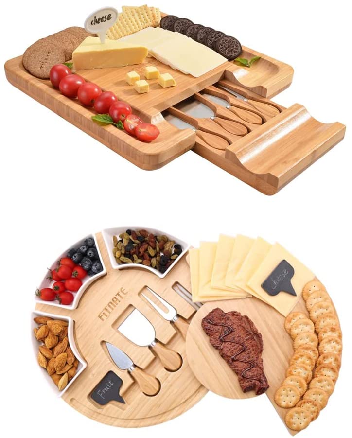 Price:$71.99 Bamboo Cheese Board Set, Square and Round Design,2 Pack: Cheese Plates
