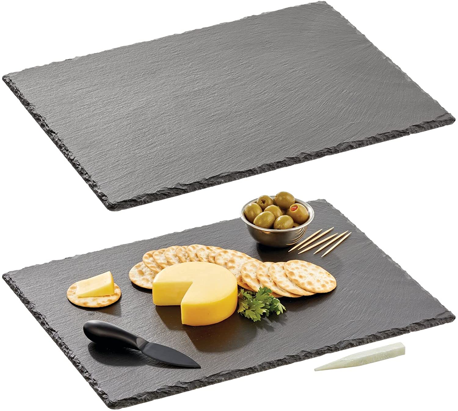 Price:$36.99 Slate Stone Gourmet Chalkboard Serving Platter, Cheese Board, Charcuterie Tray with Natural Edge and Chalk Pencil for Cheese, Meats, Appetizers, Dried Fruits, and Food - 2 Pack - Black: Cheese Plates
