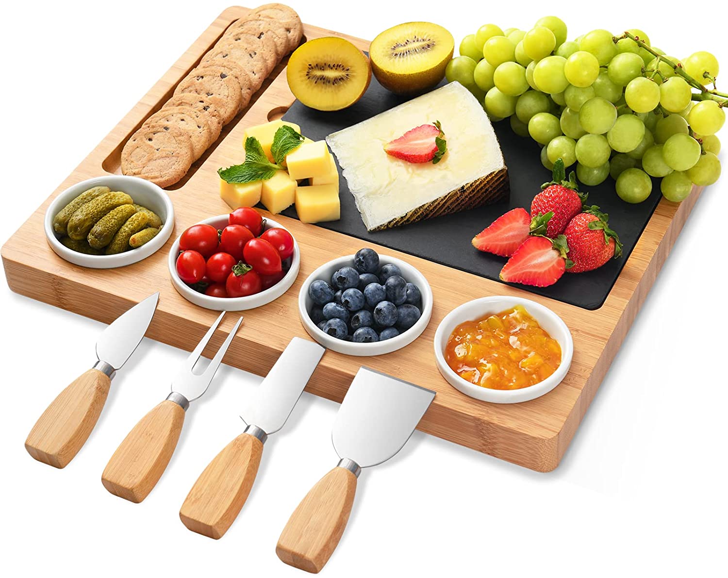 Price:$44.99 Bamboo Cheese Charcuterie Board and Knife Set with 4 Ceramic Bowls and Slate Inlay for Housewarming Party Thanksgiving Birthday Wedding and Christmas Gifts: Cheese Plates
