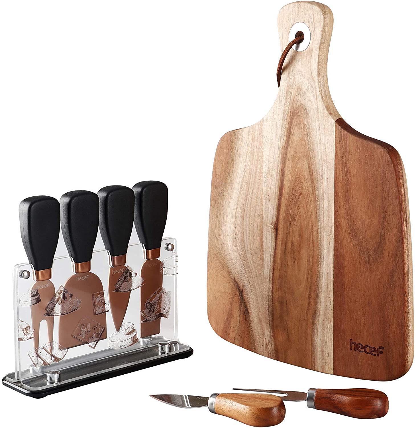 Price:$31.98 Acacia Wood Cheese Board and Knife Set with Acrylic Stand, includes a Wooden Board and 6 Cheese Tools and a Knife Holder: Cheese Plates