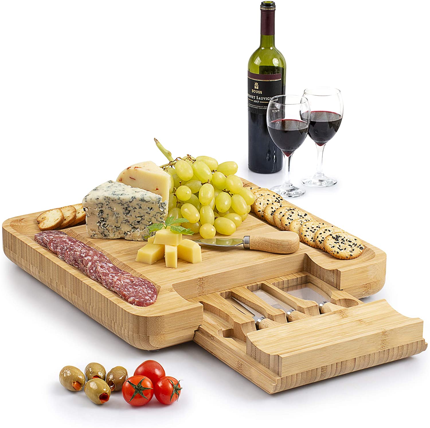 Price:$26.99 (Large) Bamboo Cheese Board and Knife Set - Extra Thick Bamboo Cheese Cutting Board with 4 Piece Knife Set - Wooden Cheese Board is Perfect for Charcuterie, Wine and Cheese: Cheese Servers