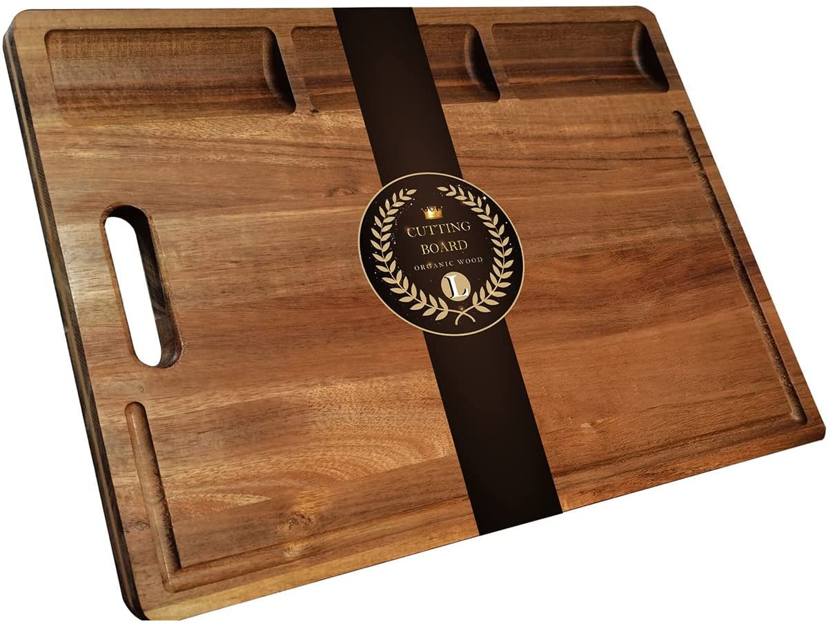Price:$25.39 Large Acacia Wood Cutting Board for Kitchen, with 3 Built-in Compartments and Juice Grooves, Chopping Board with Handle, Butcher Block, Carving Board, BPA Free: Home & Kitchen