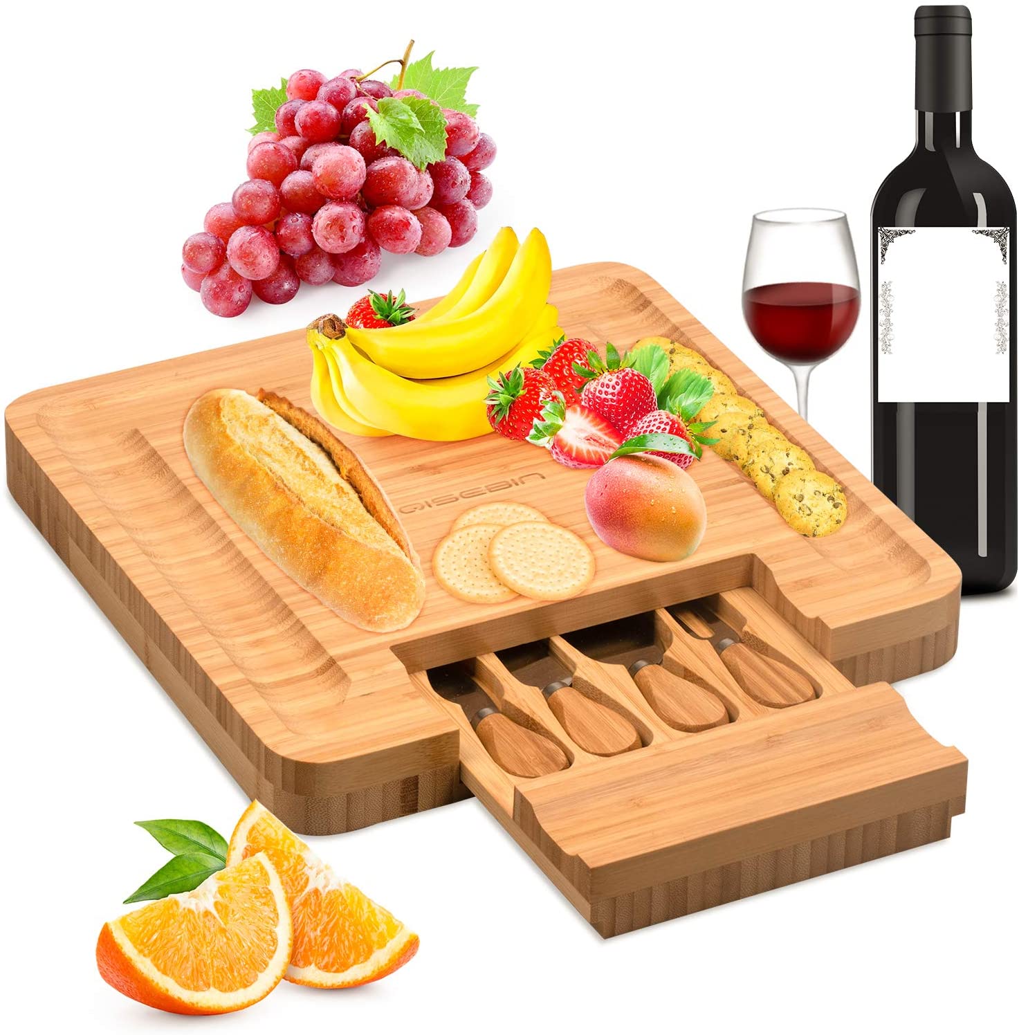 Price:$44.71 Bamboo Cheese Set with Cutlery in Slide-Out Drawer Including 4 Stainless Steel Utensils Perfect Charcuterie Board and Serving Tray for Entertaining or Gift Giving, One Size: Cheese Plates