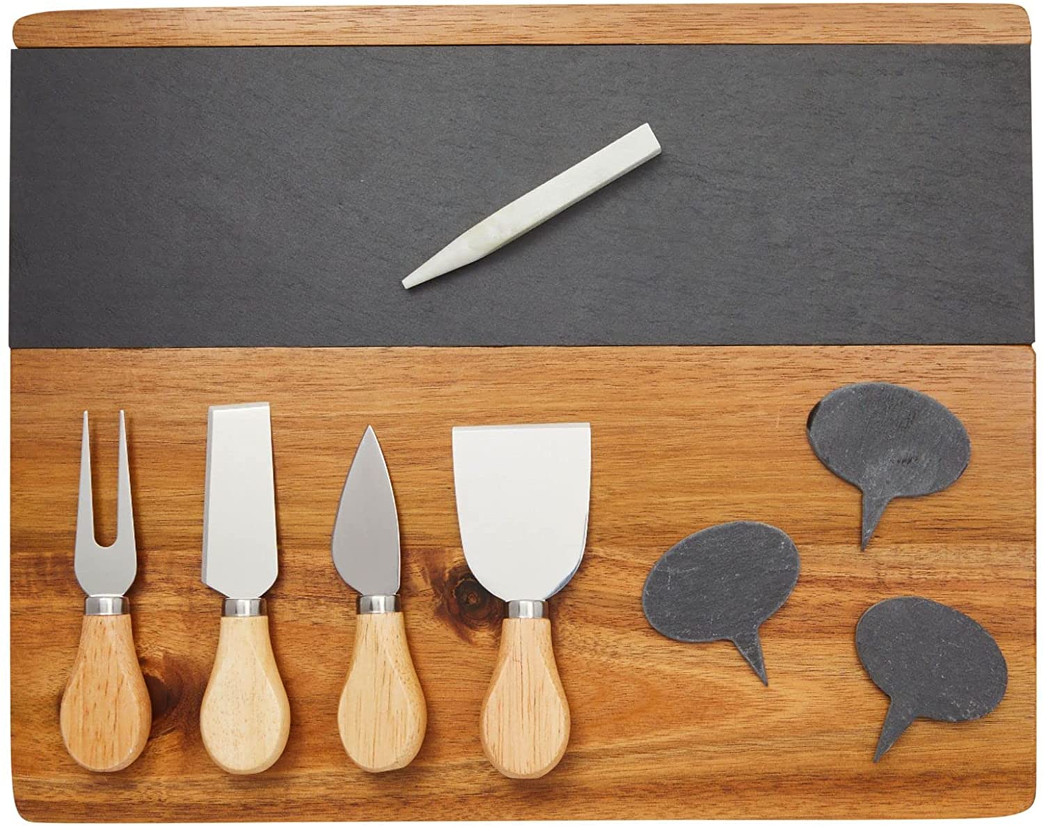 Price:$28.99 Cheese Charcuterie Board with Slate Inlay, 4-Piece Knife Set, 3 Signs (14 x 11 In, 9 Pieces): Cheese Plates
